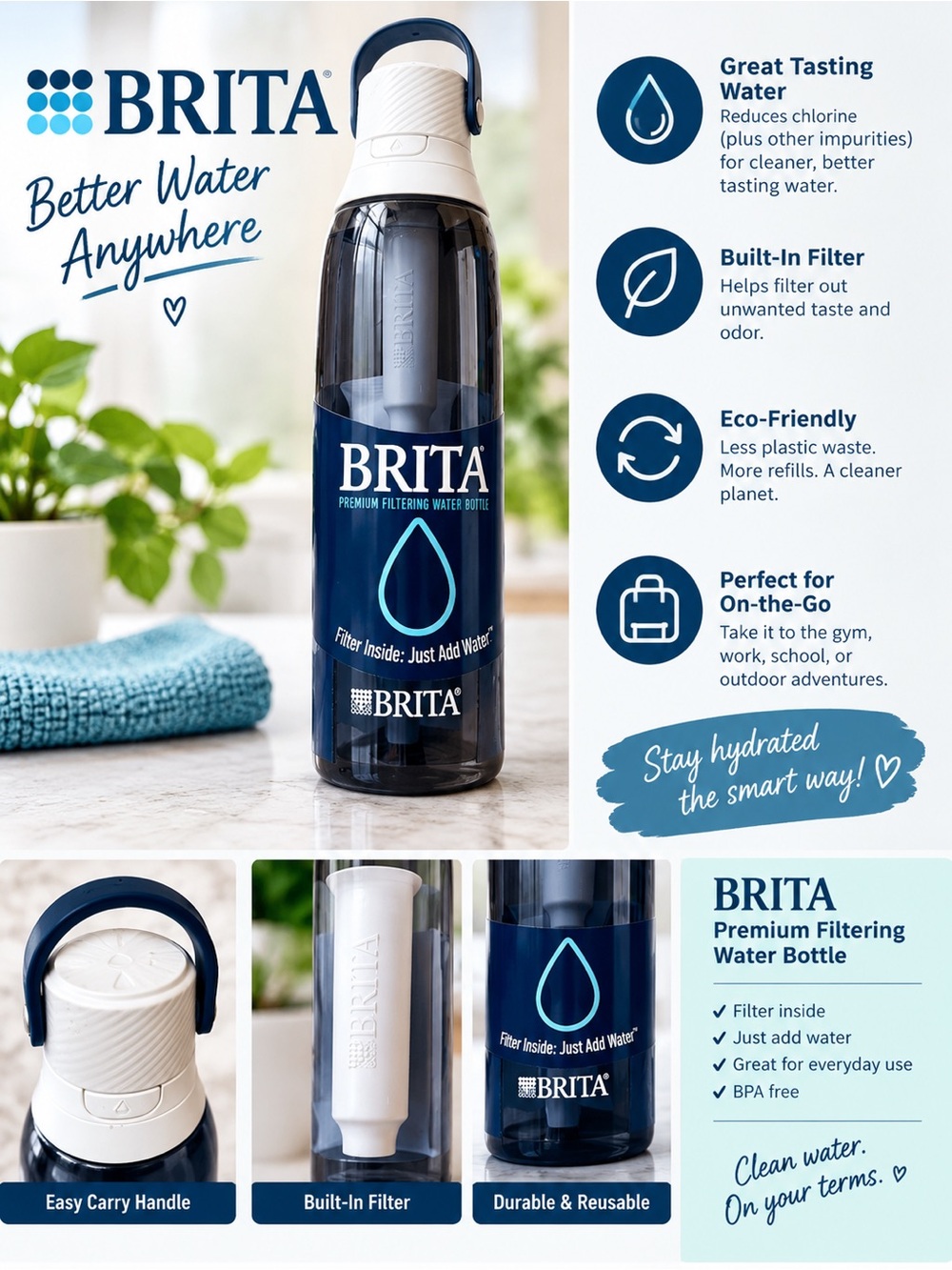 Brita Navy and White Filtered Water Bottle with Carry Handle